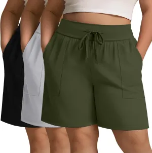 3 Pack Women's Plus Size Cotton Shorts, Drawstring Sweat Shorts Loose Lounge Running Athletic Shorts with Pockets