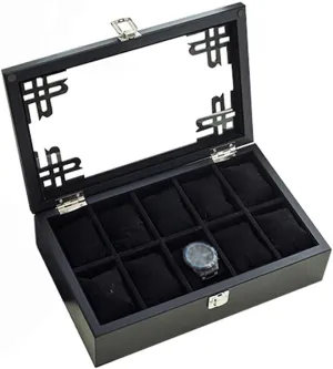 5 Watch Box Wooden Jewellery Display Storage Box Case Glass Lid Bracelet Tray Lockable Metal Buckle and 6 Removal Storage Cushions for Men/Women (Black)