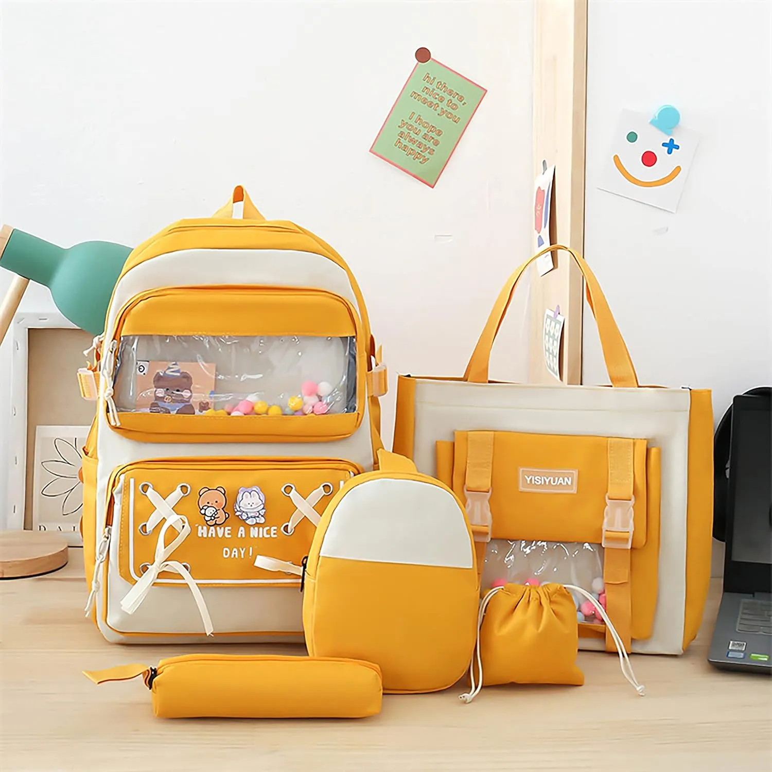 5PCS Kawaii Backpack Set with Cute Pendants and Pins Accessories Cute Aesthetic Rucksack 17in School Bags Bookbag (Yellow2, 17in)