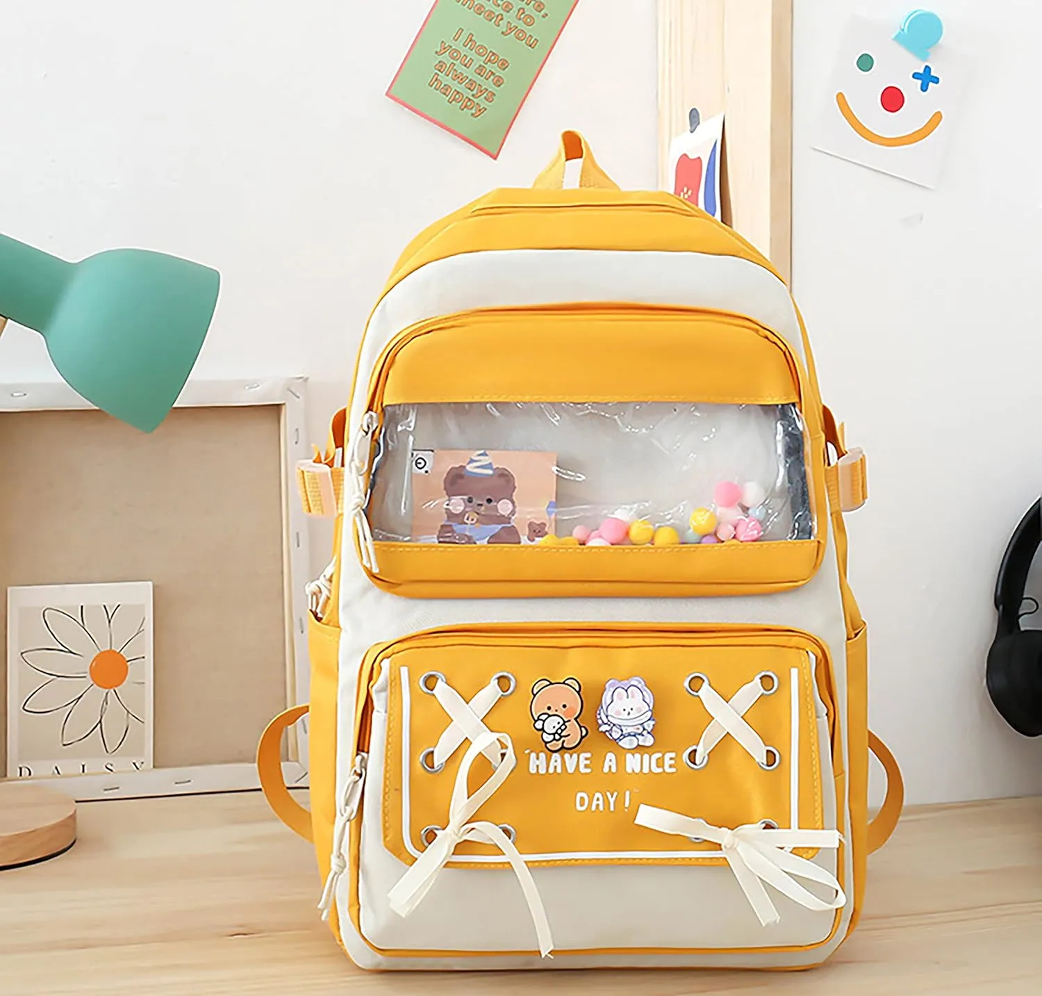 5PCS Kawaii Backpack Set with Cute Pendants and Pins Accessories Cute Aesthetic Rucksack 17in School Bags Bookbag (Yellow2, 17in)