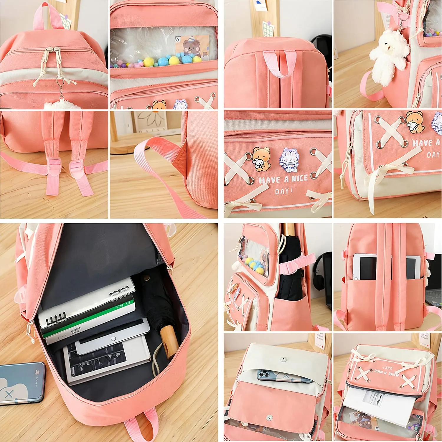 5PCS Kawaii Backpack Set with Cute Pendants and Pins Accessories Cute Aesthetic Rucksack 17in School Bags Bookbag (Yellow2, 17in)