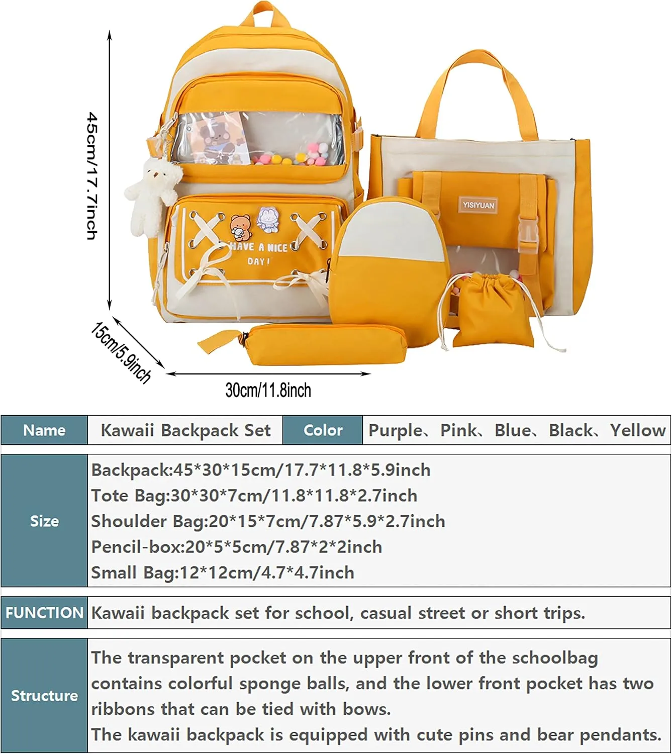 5PCS Kawaii Backpack Set with Cute Pendants and Pins Accessories Cute Aesthetic Rucksack 17in School Bags Bookbag (Yellow2, 17in)