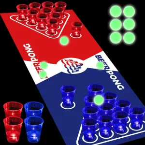 71 * 23inch Glow Beer Pong Table Mat Set, Glowing Portable Pong Set for Party Games, Glow in The Dark Party Festivals Indoor Outdoor, 22 Glowing Party Cups(Red&Blue), 6 Glowing Pongs