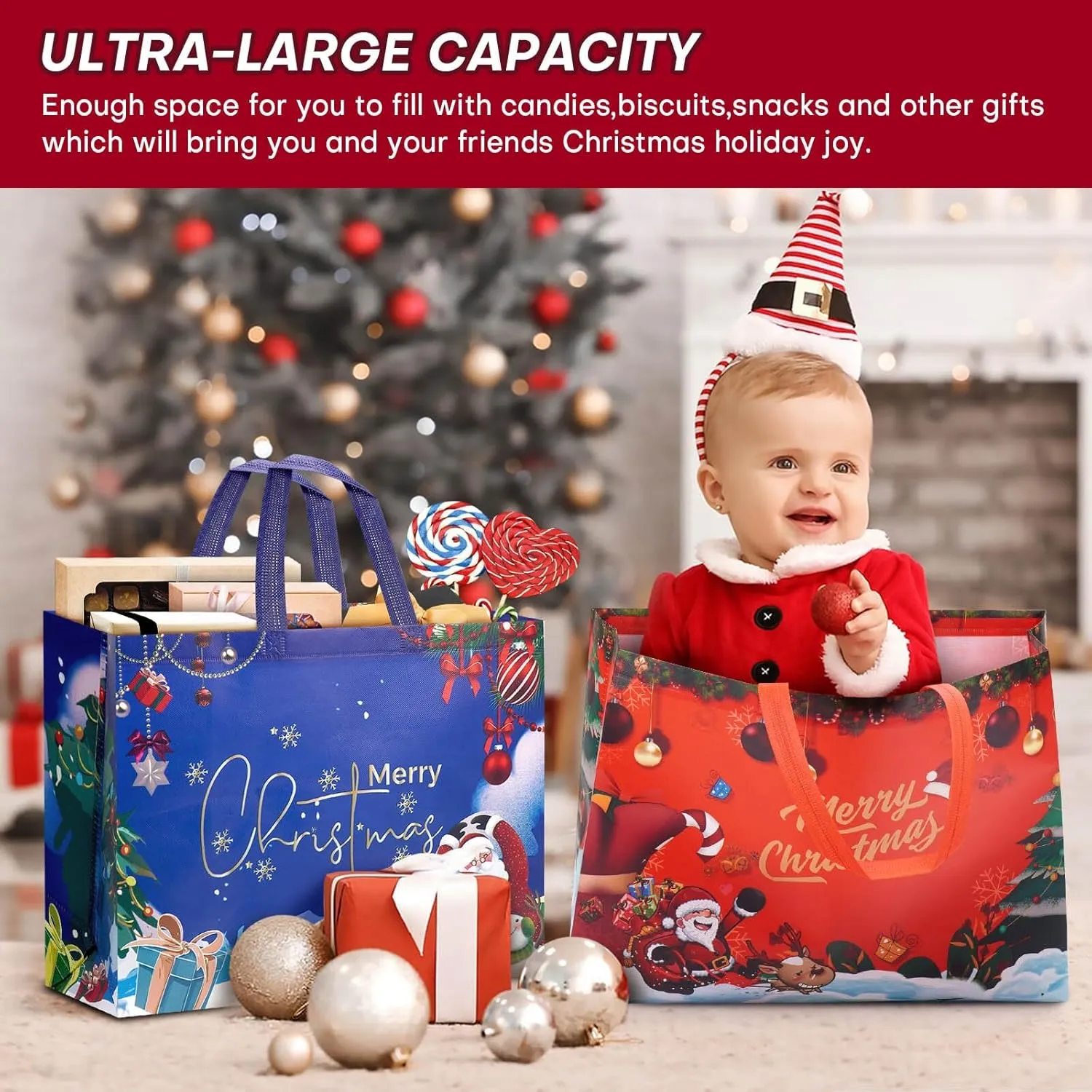 8 Pack Extra Large Reusable Non-Woven Christmas Tote Bags - 16.9"12.6"7.1"