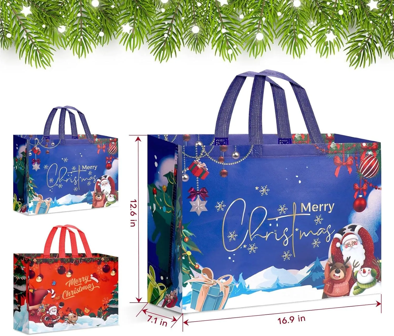 8 Pack Extra Large Reusable Non-Woven Christmas Tote Bags - 16.9"12.6"7.1"