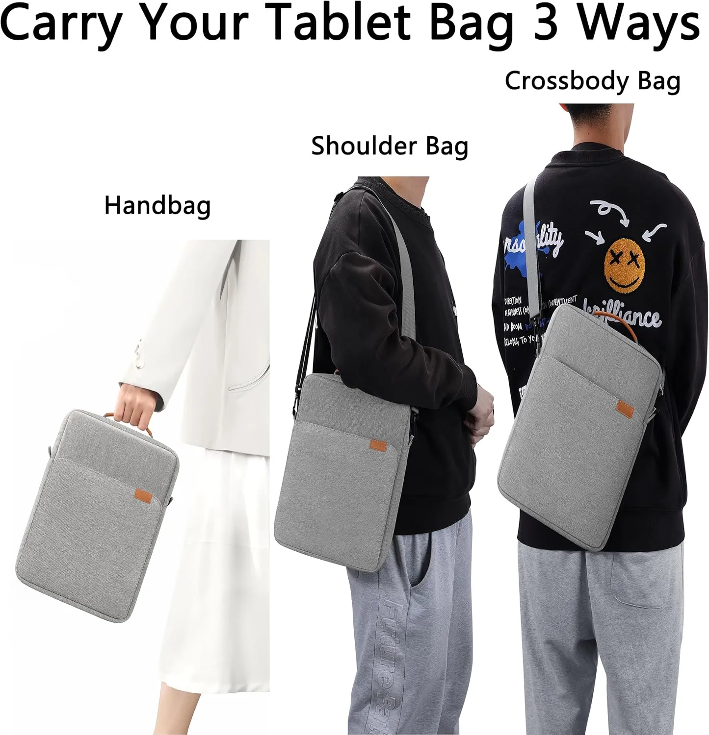 9-11 Inch Tablet Sleeve iPad Bag Satchel Messenger Sling Shoulder Bag for Men Travel Work with Handle Removable Shoulder Strap Carrying Case for Fire Laptop Kindle Surface Samsung Gray