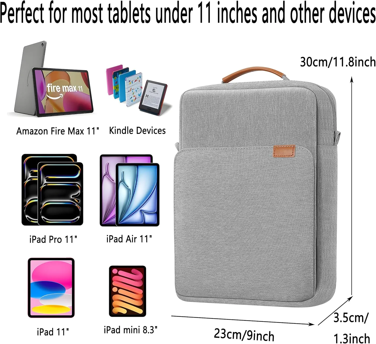 9-11 Inch Tablet Sleeve iPad Bag Satchel Messenger Sling Shoulder Bag for Men Travel Work with Handle Removable Shoulder Strap Carrying Case for Fire Laptop Kindle Surface Samsung Gray