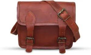 9" small Leather messenger bag shoulder bag cross body vintage messenger bag for women & men satchel man purse compatible with Ipad and tablet Brown