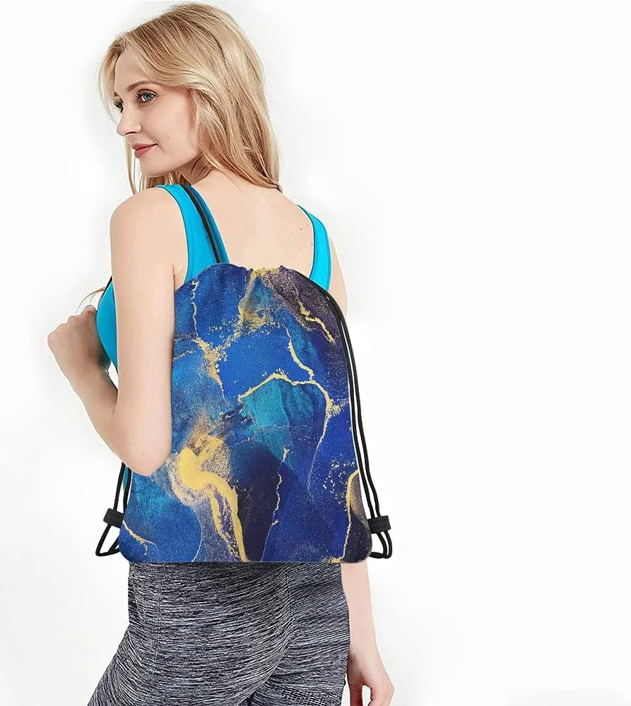 Abstract Art Drawstring Bags Backpack Bag Marble Dye Color Blue Golden Art Painting Brush Acrylic Artwork Sport Gym Sack Drawstring Bag String Bag Yoga Bag for Men Women