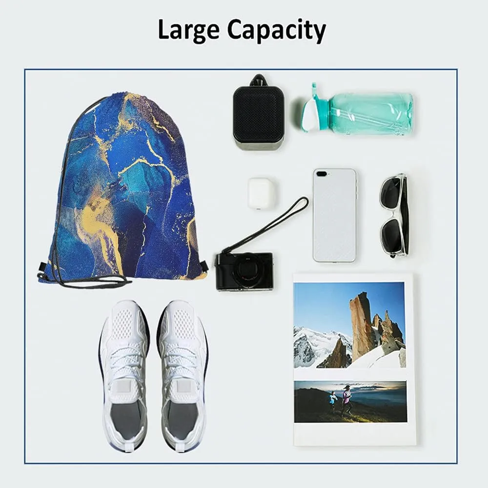 Abstract Art Drawstring Bags Backpack Bag Marble Dye Color Blue Golden Art Painting Brush Acrylic Artwork Sport Gym Sack Drawstring Bag String Bag Yoga Bag for Men Women
