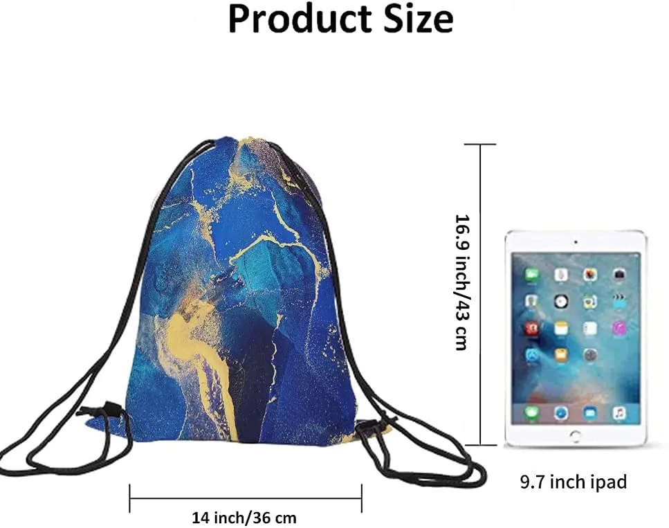 Abstract Art Drawstring Bags Backpack Bag Marble Dye Color Blue Golden Art Painting Brush Acrylic Artwork Sport Gym Sack Drawstring Bag String Bag Yoga Bag for Men Women