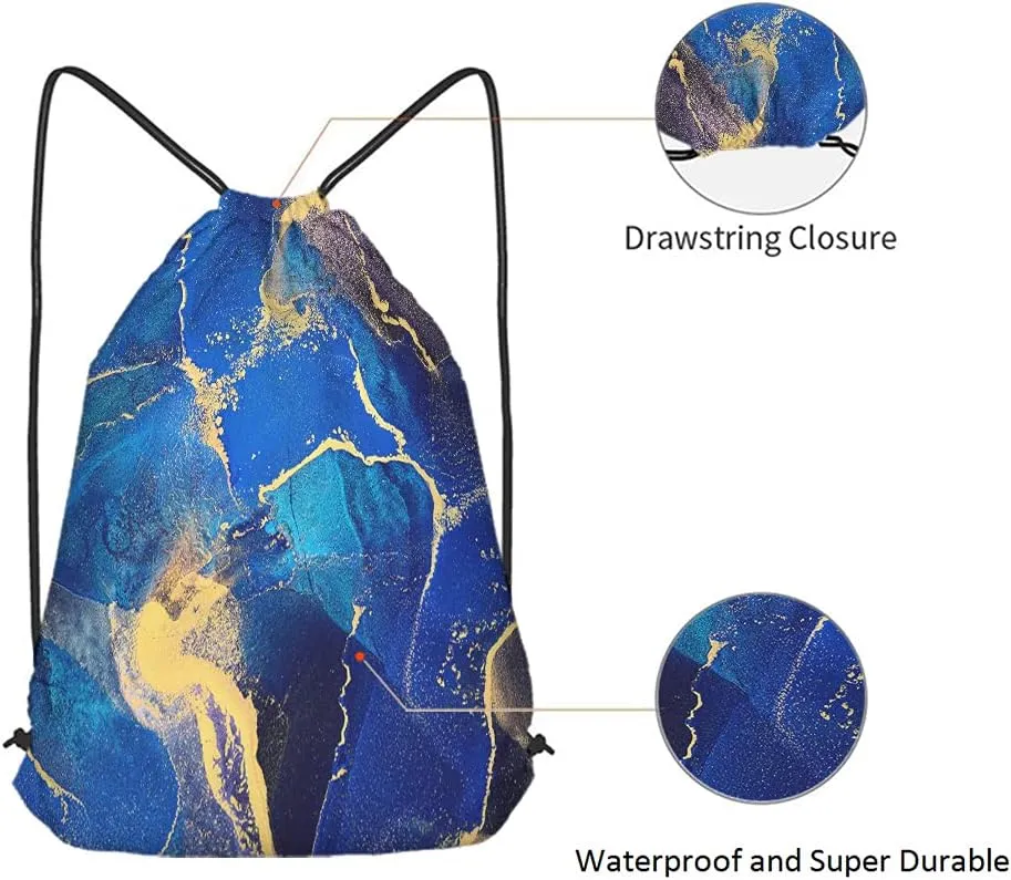 Abstract Art Drawstring Bags Backpack Bag Marble Dye Color Blue Golden Art Painting Brush Acrylic Artwork Sport Gym Sack Drawstring Bag String Bag Yoga Bag for Men Women