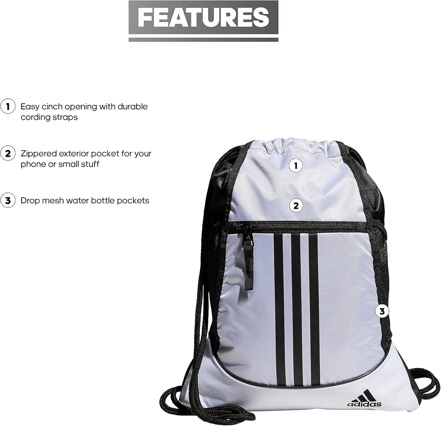 adidas Alliance Sackpack, Drawstring Backpack, Lightweight Small Gym Bag for Women and Men, White/Black/Black, One Size
