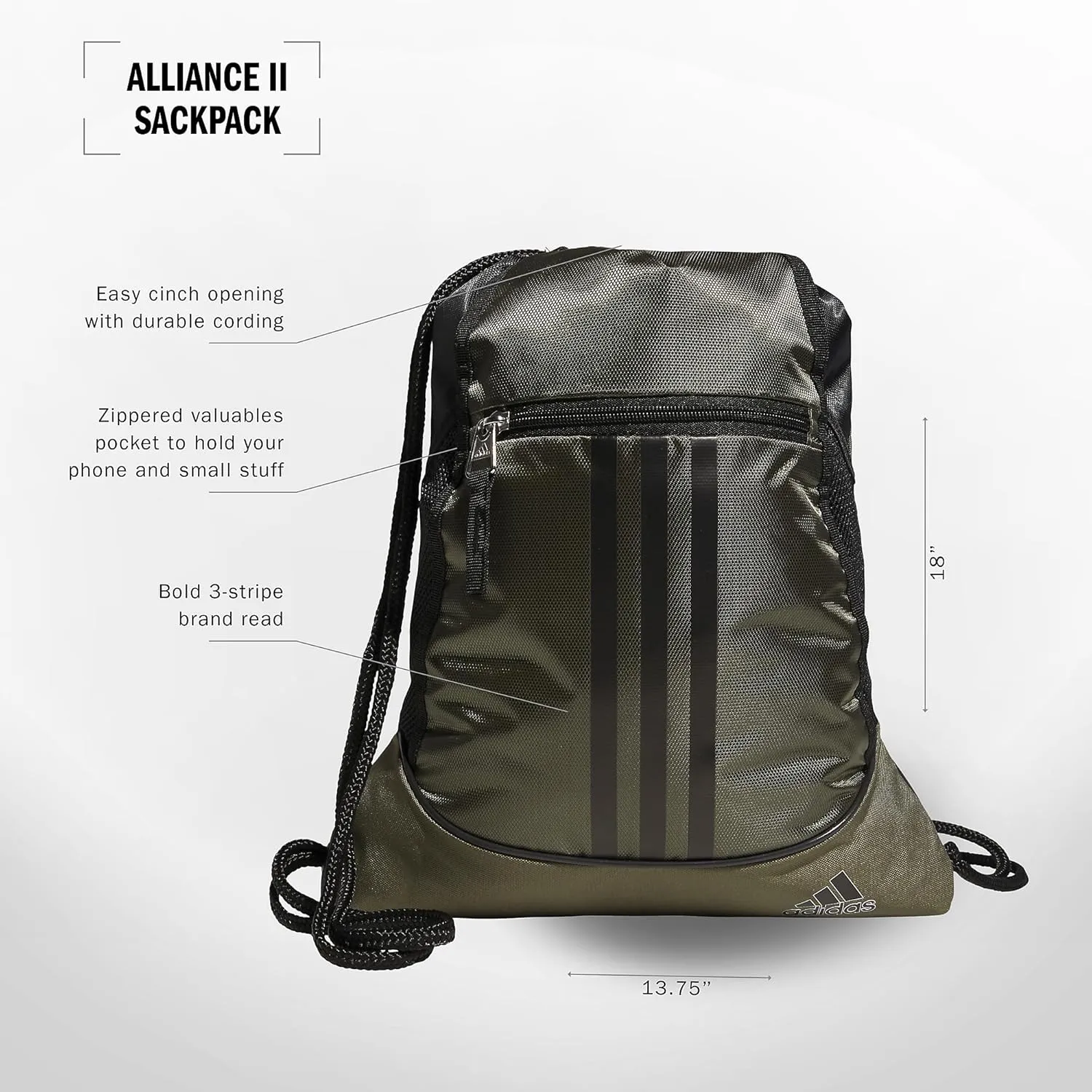 adidas Alliance Sackpack, Drawstring, Lightweight Small Gym Bag for Women, Soccer Backpack, Olive Strata Green/Black/Silver Metallic, One Size