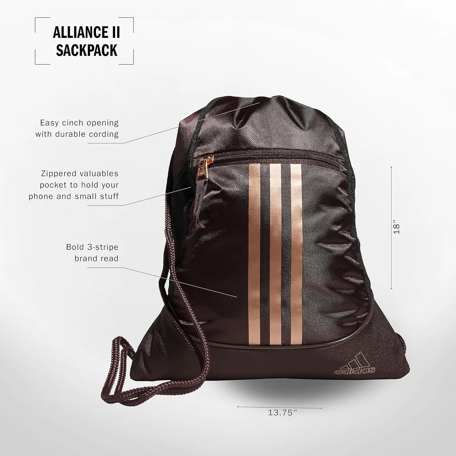 adidas Alliance Sackpack, Drawstring, Lightweight Small Gym Bag for Women, Soccer Backpack, Shadow Brown/Rose Gold, One Size