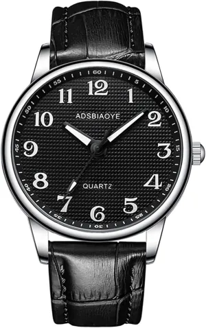 ADSBIAOYE Men's Minimalist Easy Reader Watch Stainless Steel Leather Strap Waterproof Bussiness Casual Mens Quartz Wrist Watch