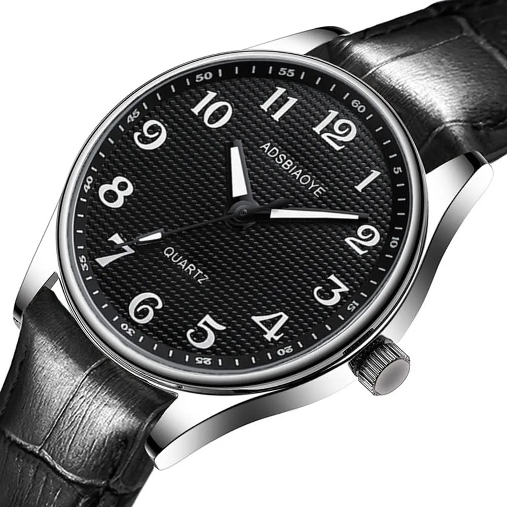 ADSBIAOYE Men's Minimalist Easy Reader Watch Stainless Steel Leather Strap Waterproof Bussiness Casual Mens Quartz Wrist Watch