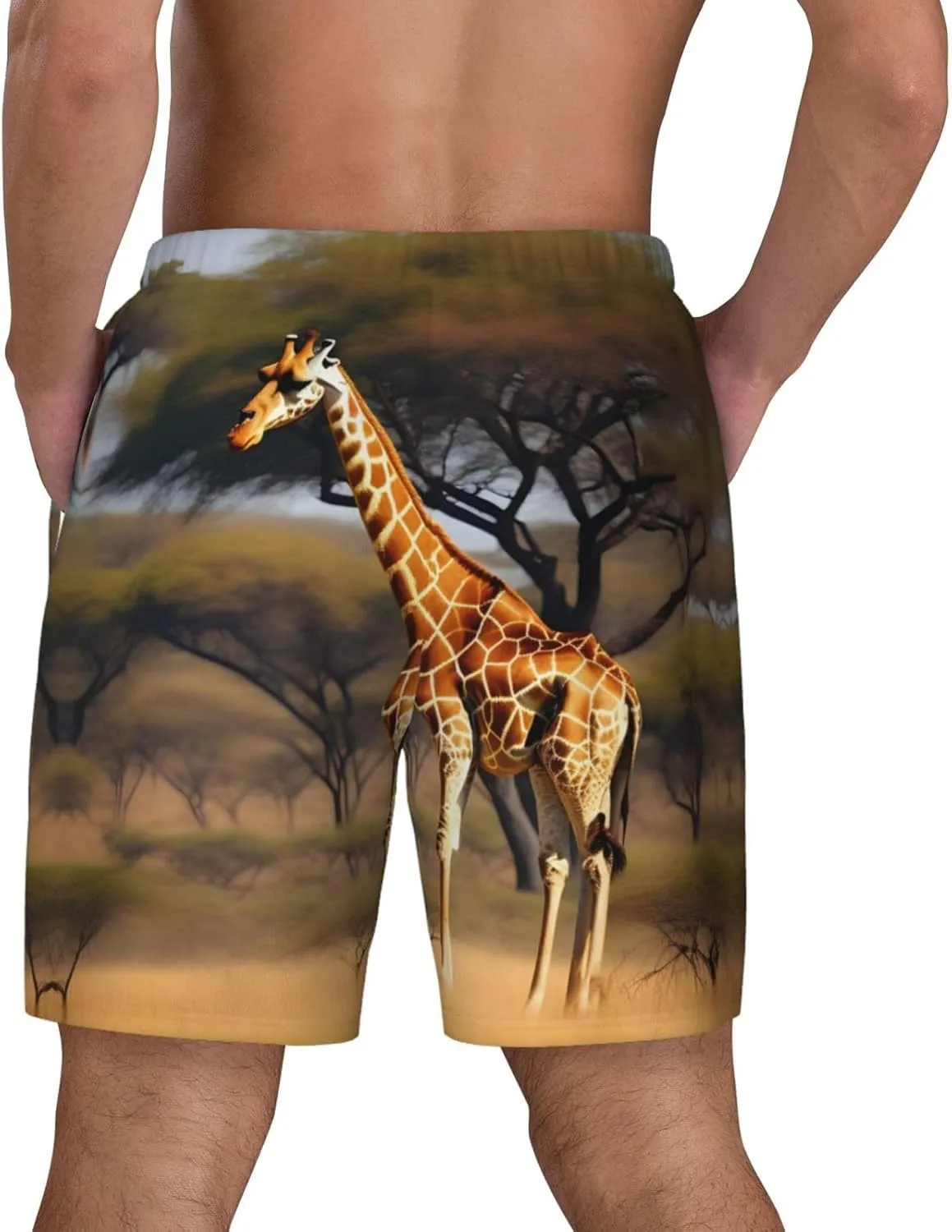 Africa Giraffe Majestic Tree Print Men's Double Layer Swim Shorts, Gym Workout Shorts with Pocket