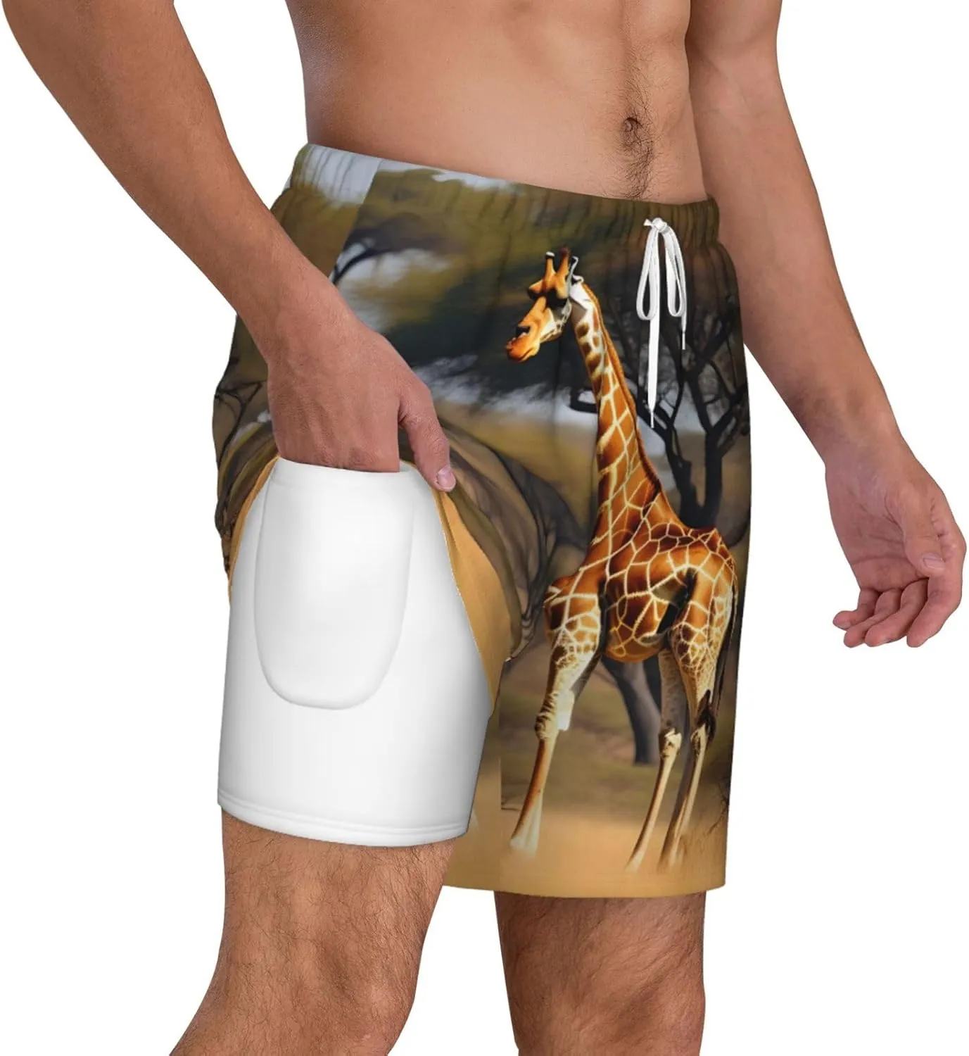 Africa Giraffe Majestic Tree Print Men's Double Layer Swim Shorts, Gym Workout Shorts with Pocket