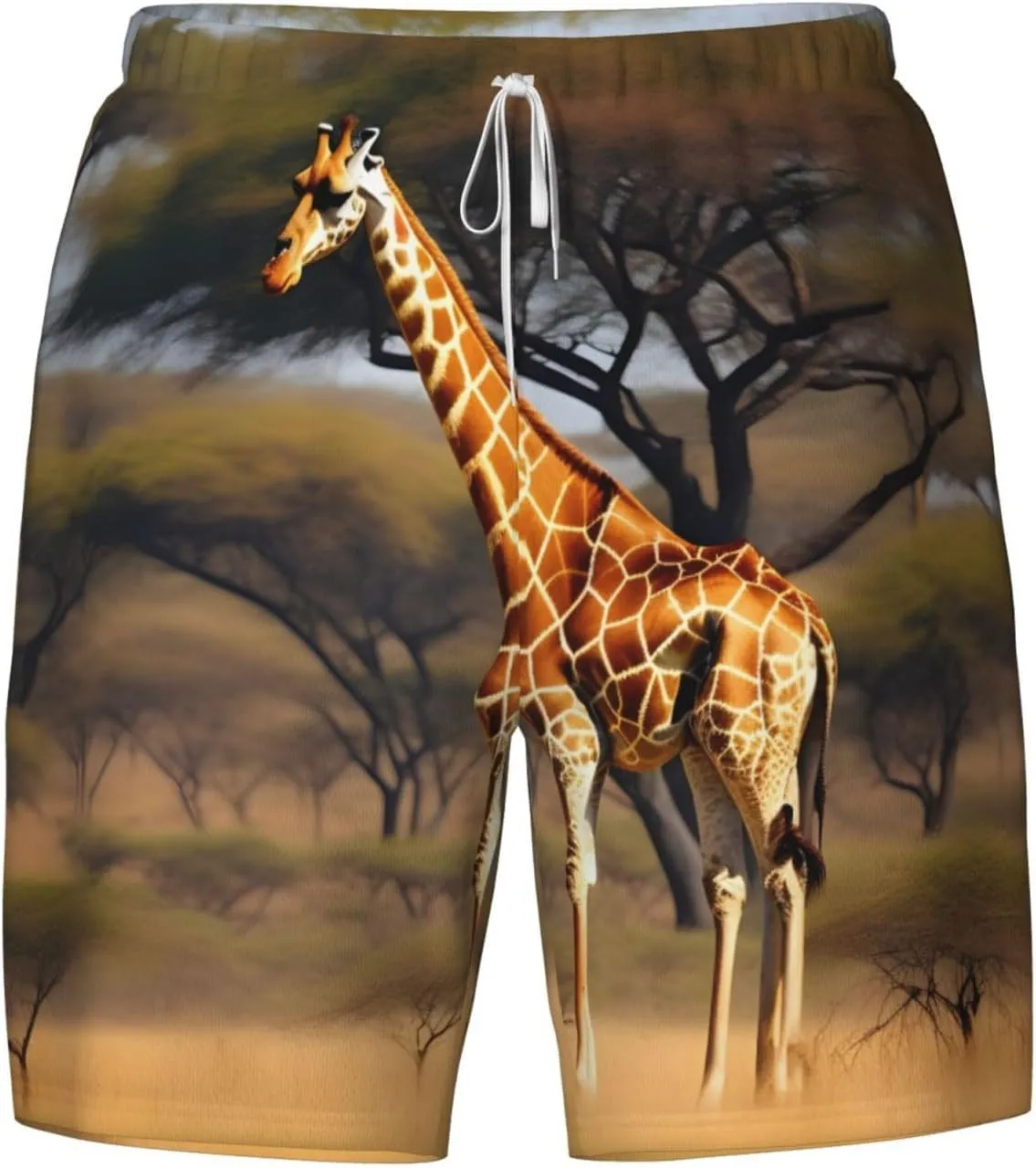 Africa Giraffe Majestic Tree Print Men's Double Layer Swim Shorts, Gym Workout Shorts with Pocket