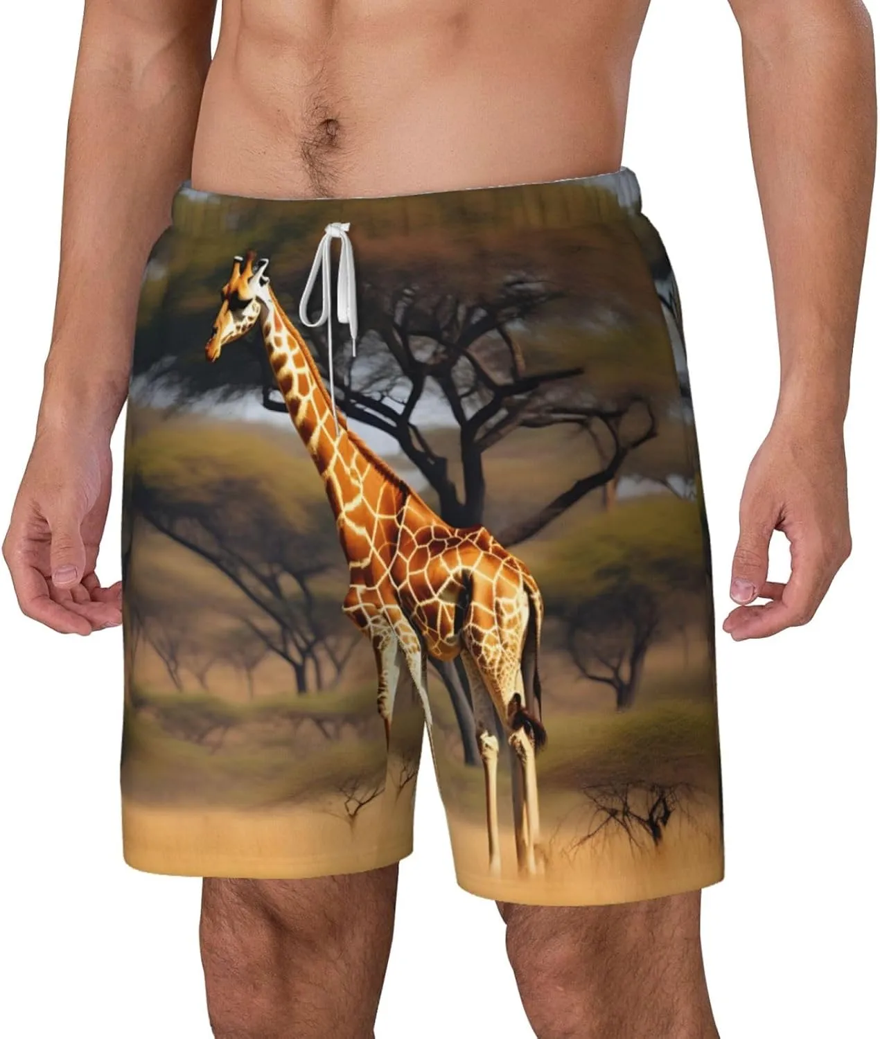 Africa Giraffe Majestic Tree Print Men's Double Layer Swim Shorts, Gym Workout Shorts with Pocket