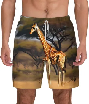 Africa Giraffe Majestic Tree Print Men's Double Layer Swim Shorts, Gym Workout Shorts with Pocket
