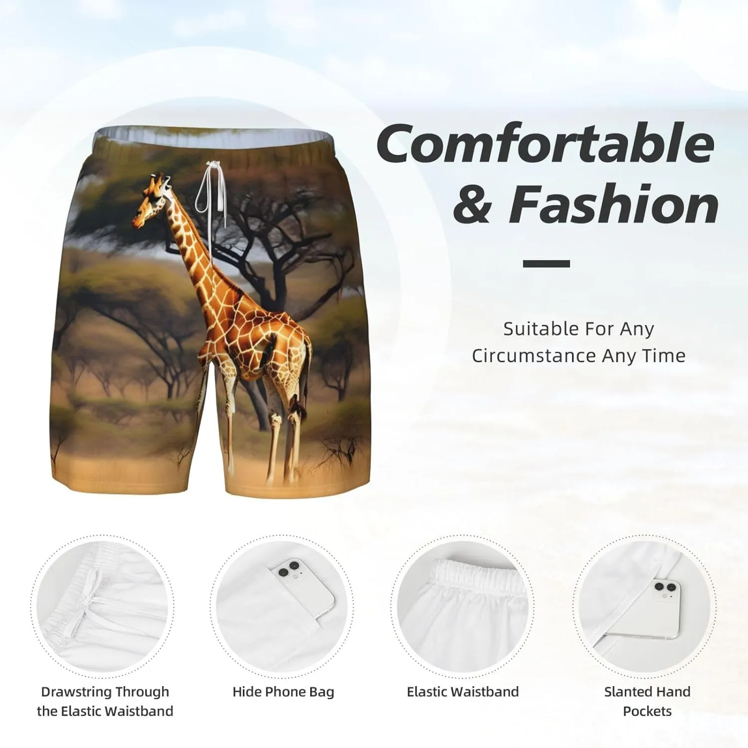 Africa Giraffe Majestic Tree Print Men's Double Layer Swim Shorts, Gym Workout Shorts with Pocket