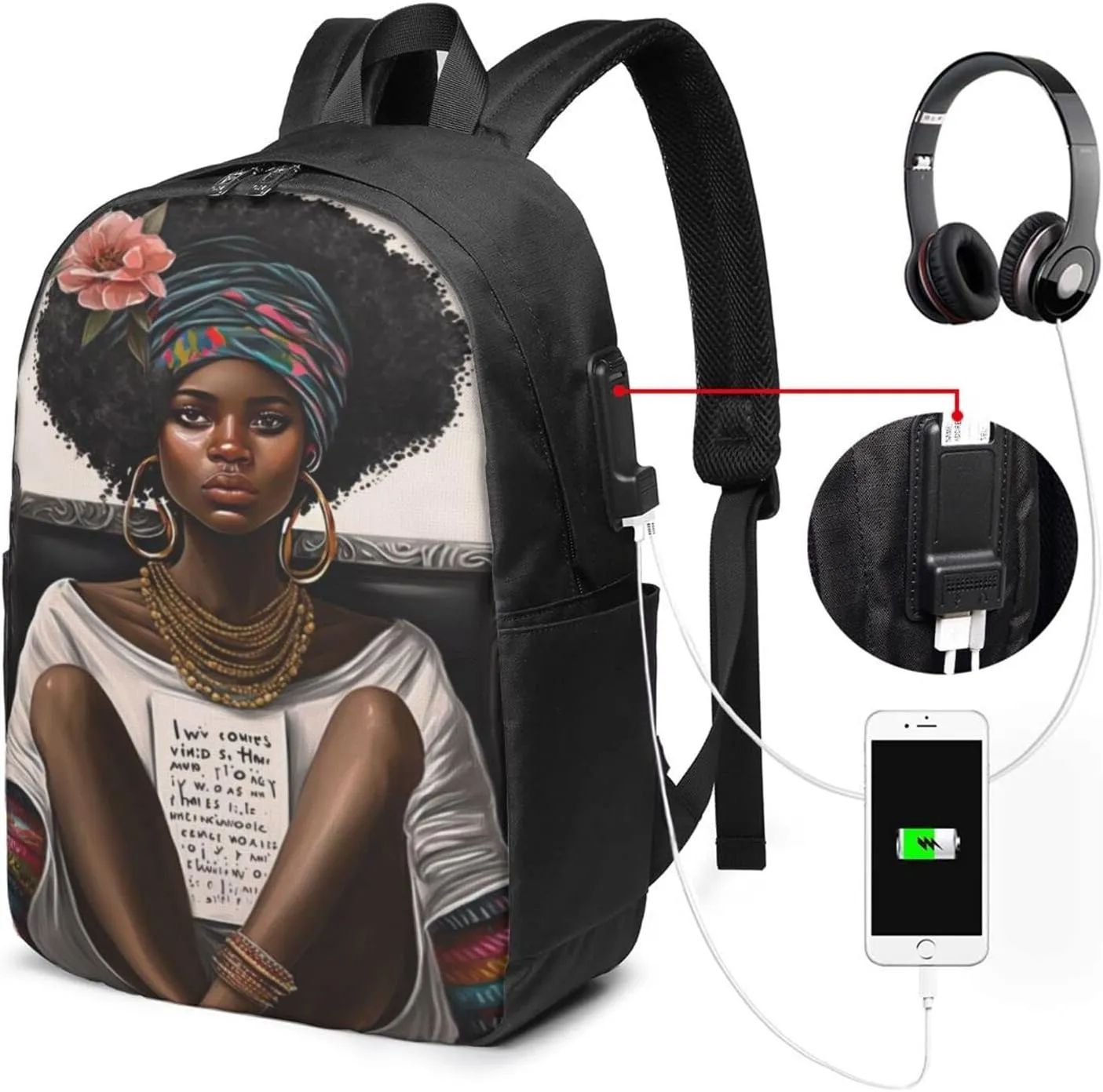 African American Black Woman Laptop Backpack, Travel Backpack with USB Charging Port, Computer Bag for Men Women