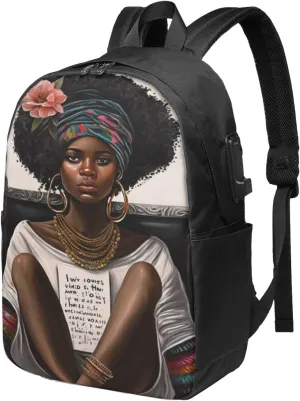 African American Black Woman Laptop Backpack, Travel Backpack with USB Charging Port, Computer Bag for Men Women
