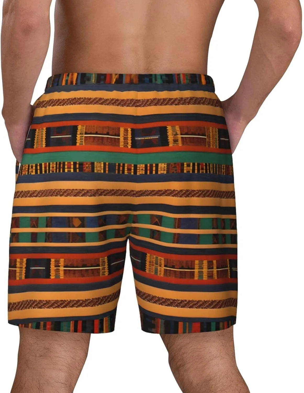 African Weaving Print Men's Double Layer Swim Shorts, Gym Workout Shorts with Pocket