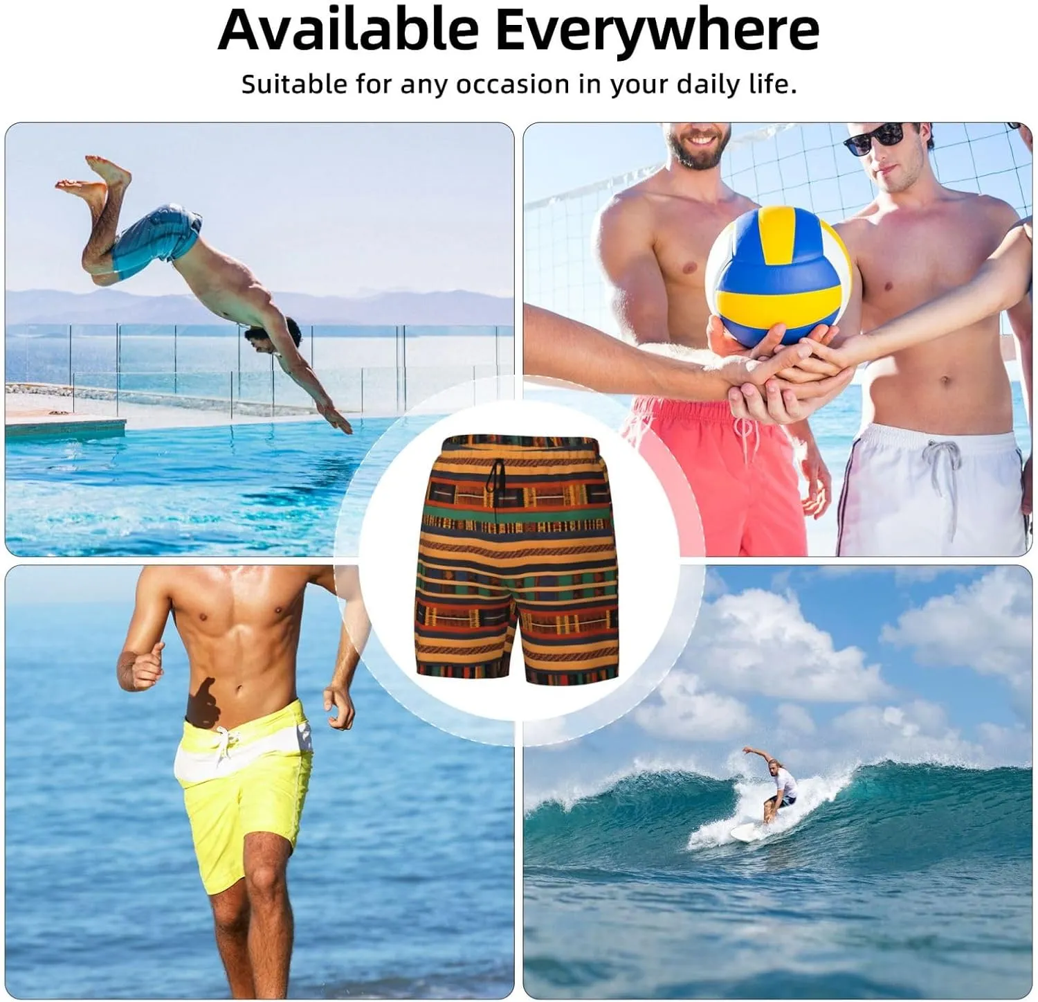 African Weaving Print Men's Double Layer Swim Shorts, Gym Workout Shorts with Pocket