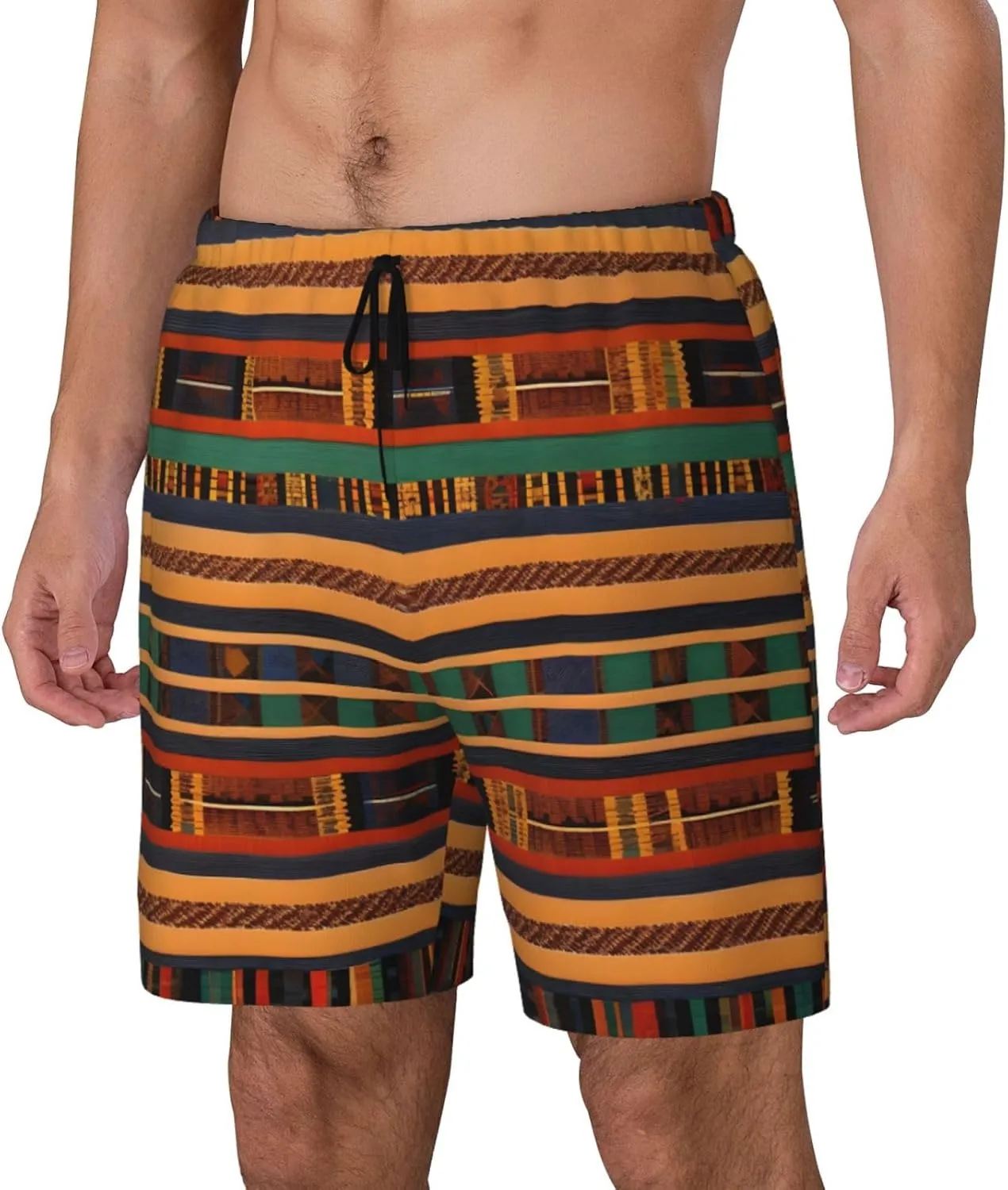 African Weaving Print Men's Double Layer Swim Shorts, Gym Workout Shorts with Pocket