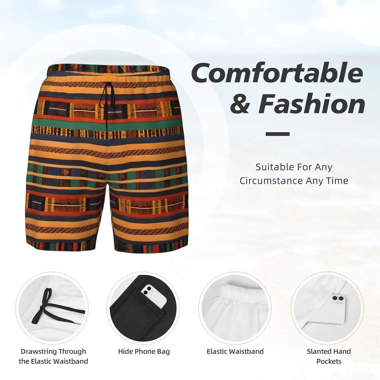 African Weaving Print Men's Double Layer Swim Shorts, Gym Workout Shorts with Pocket