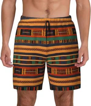 African Weaving Print Men's Double Layer Swim Shorts, Gym Workout Shorts with Pocket