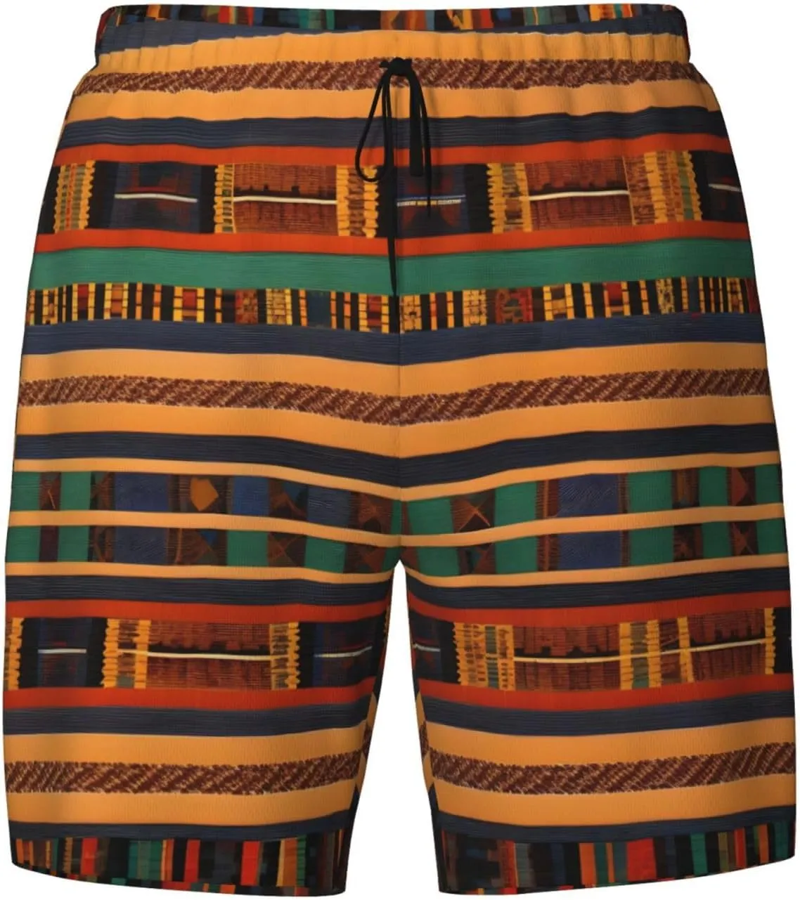African Weaving Print Men's Double Layer Swim Shorts, Gym Workout Shorts with Pocket