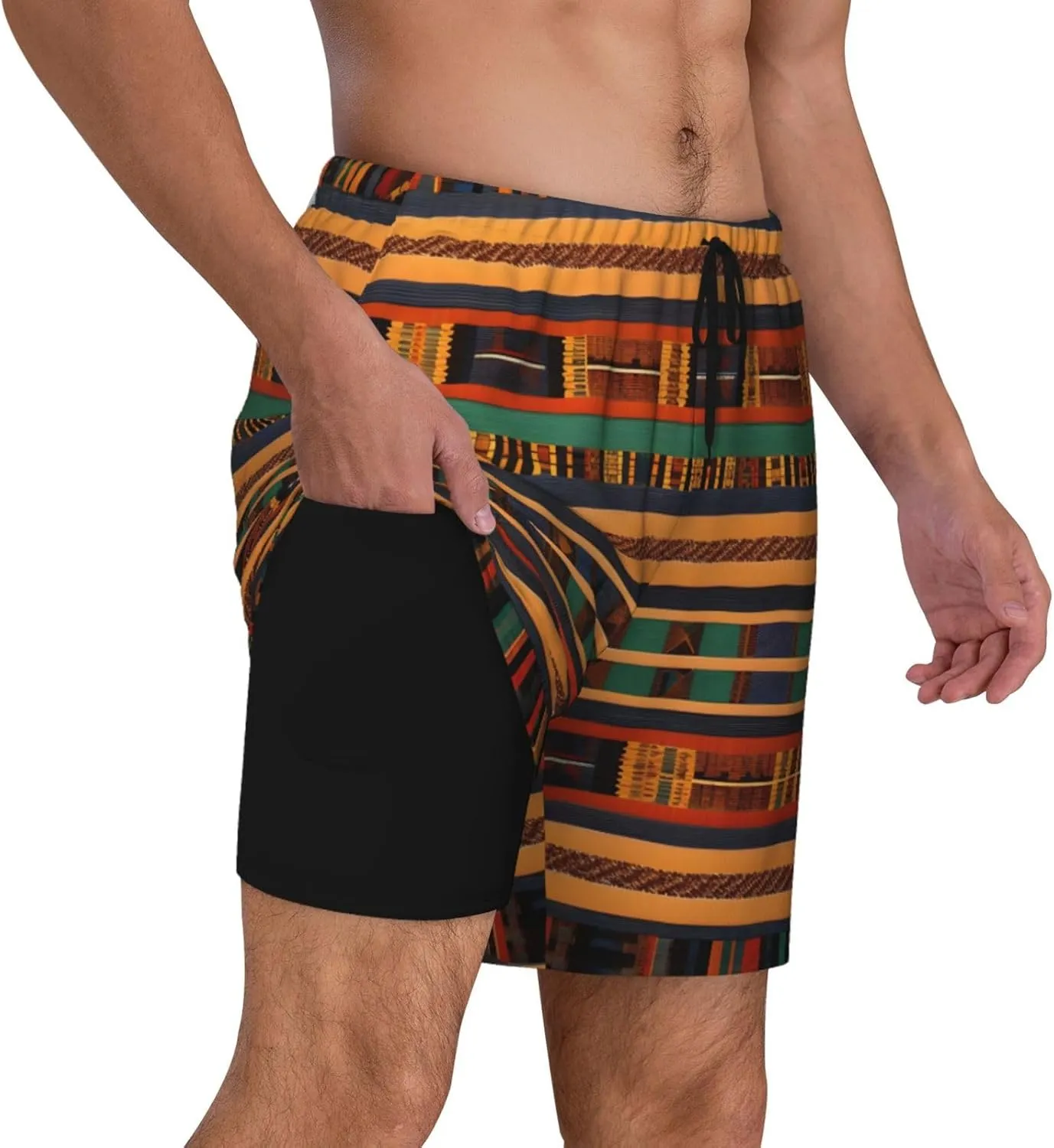 African Weaving Print Men's Double Layer Swim Shorts, Gym Workout Shorts with Pocket