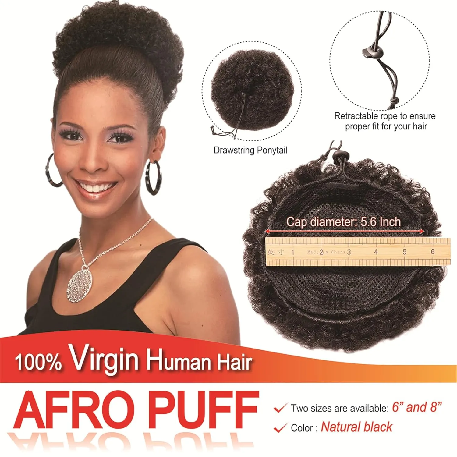 Afro Puff Ponytail Drawstring Extensions Wigs Real Human Hair for Girls Women, Natural Black Virgin Hair 8 Inch Afro Puff Hair Extensions Clip On Kinky Drawstring Curly Ponytail Bun Hairpiece Wigs
