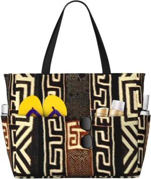 Afrocentric Mud Cloth Print Beach Bag Women Tote Bag Pool Bag With Zipper For Gym Grocery Travel With Wet Pocket, Black