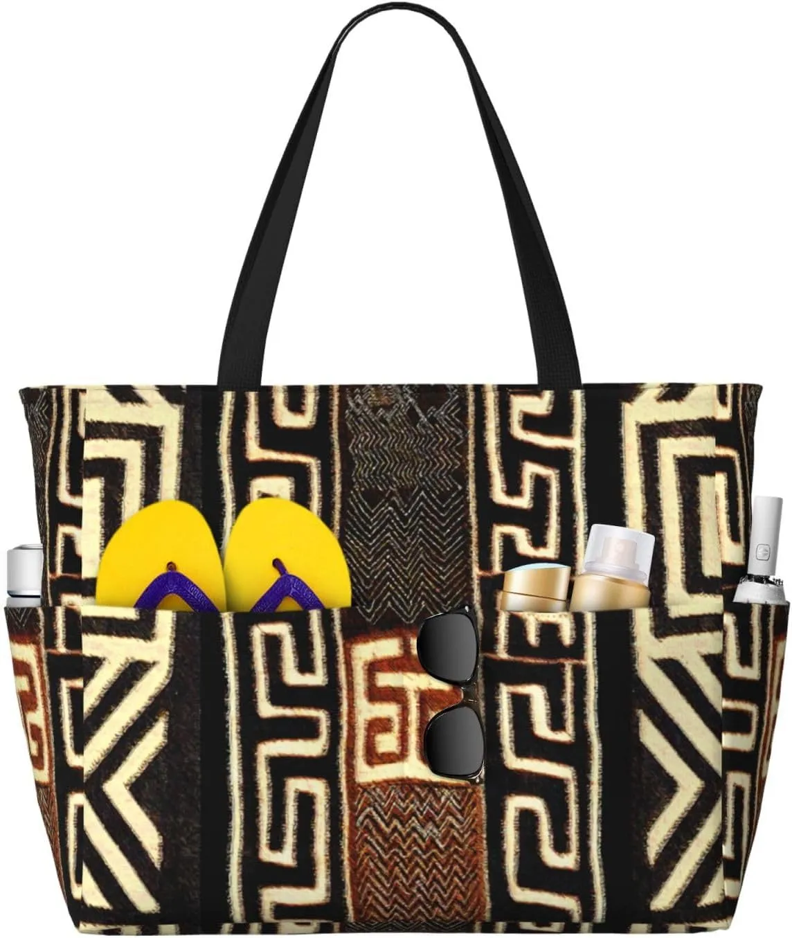 Afrocentric Mud Cloth Print Beach Bag Women Tote Bag Pool Bag With Zipper For Gym Grocery Travel With Wet Pocket, Black