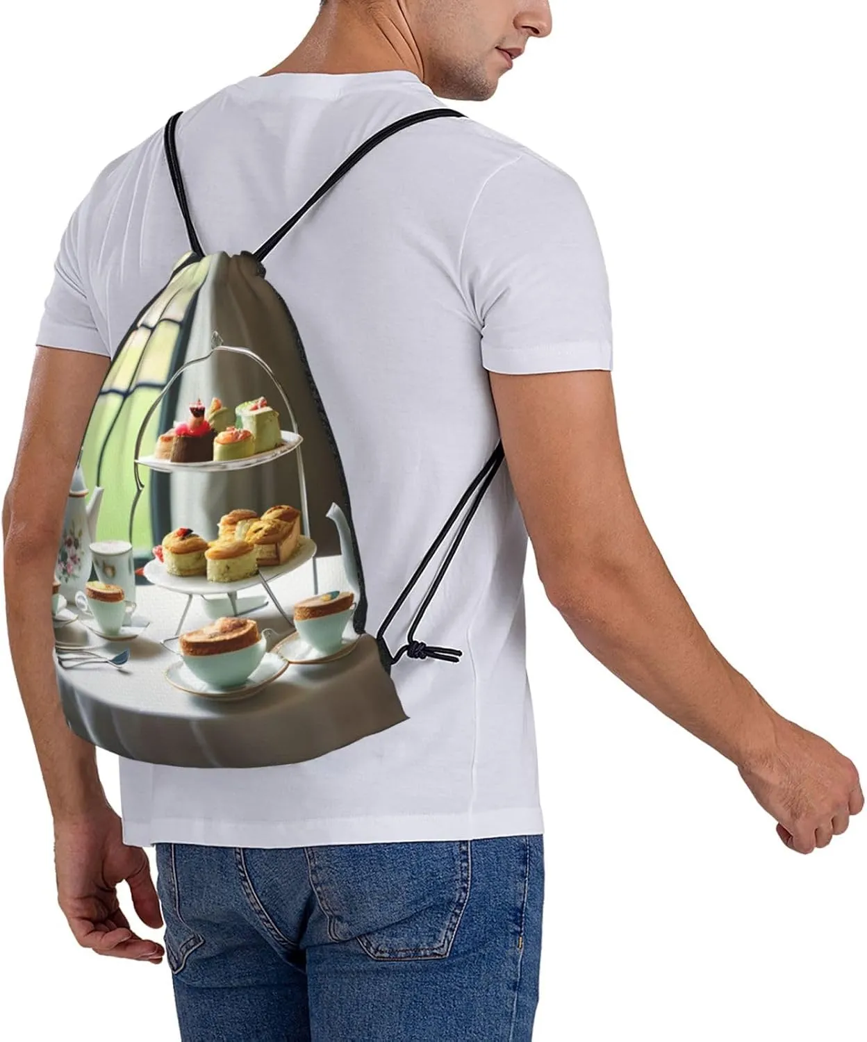 Afternoon Tea Print Sports Drawstring Backpack,Water Resistant Bag, Gym Backpack for Women Men