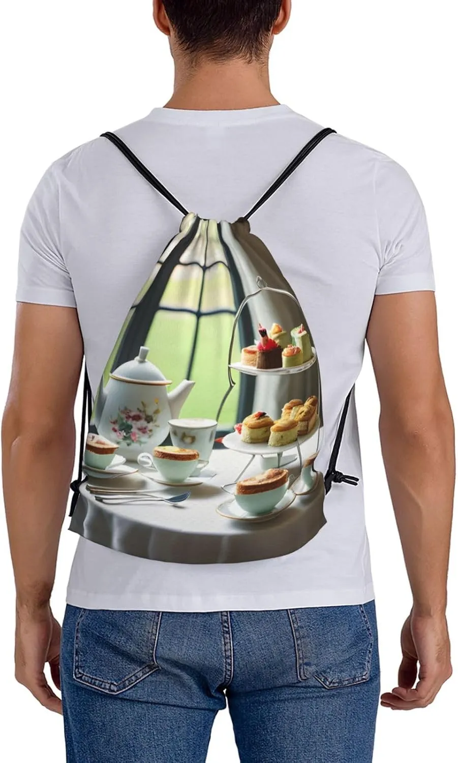 Afternoon Tea Print Sports Drawstring Backpack,Water Resistant Bag, Gym Backpack for Women Men
