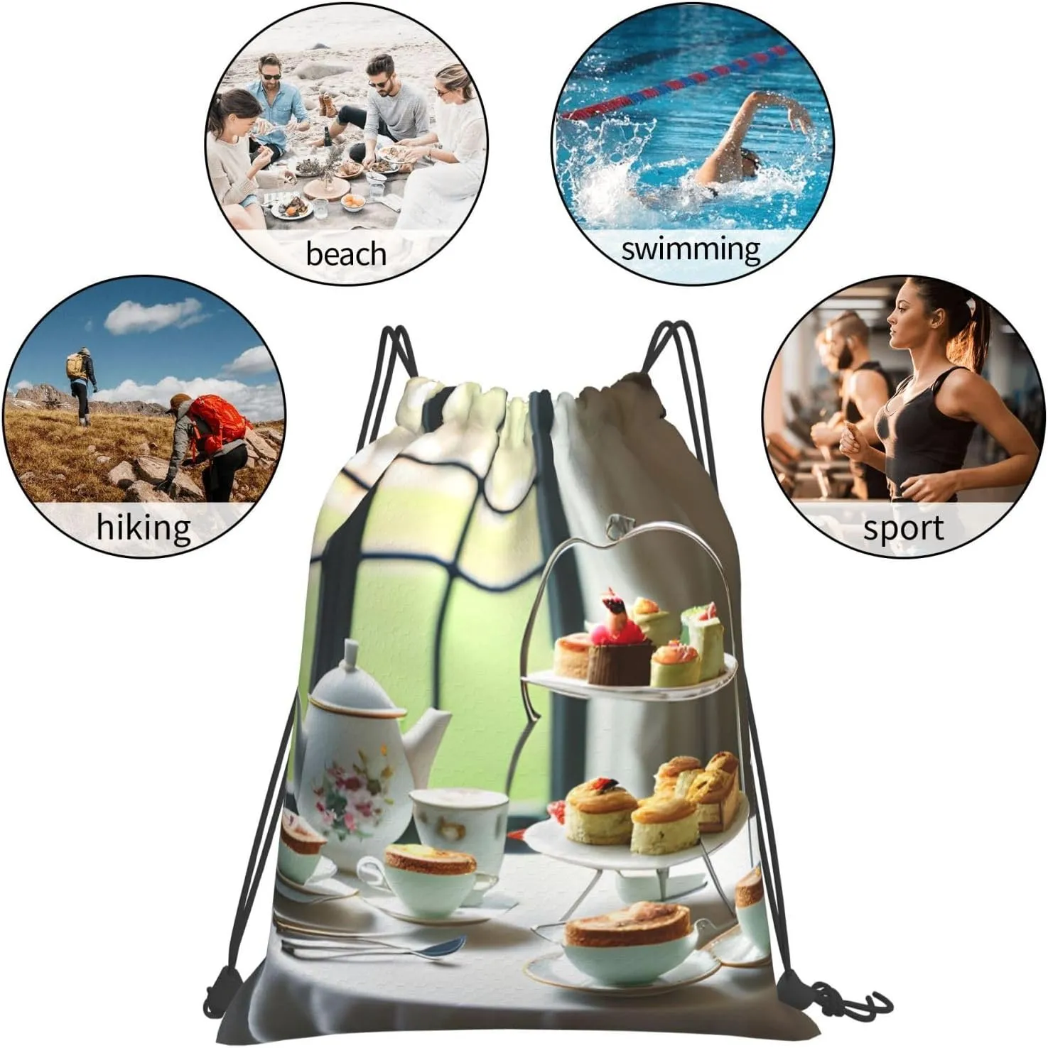 Afternoon Tea Print Sports Drawstring Backpack,Water Resistant Bag, Gym Backpack for Women Men