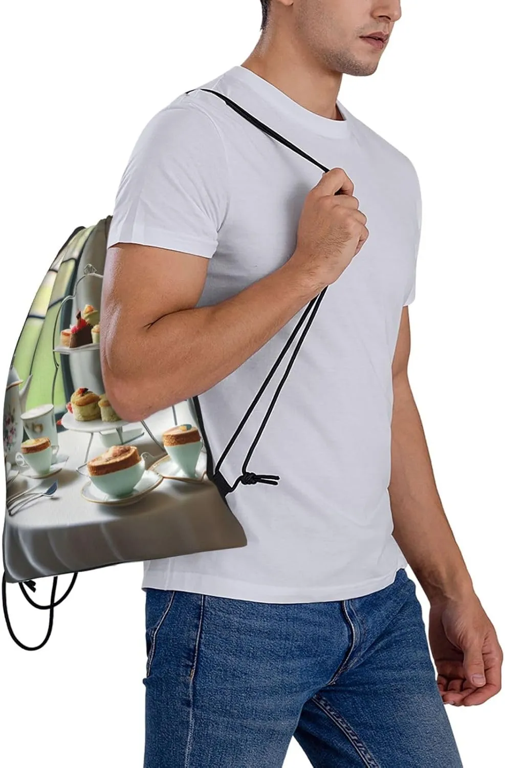 Afternoon Tea Print Sports Drawstring Backpack,Water Resistant Bag, Gym Backpack for Women Men