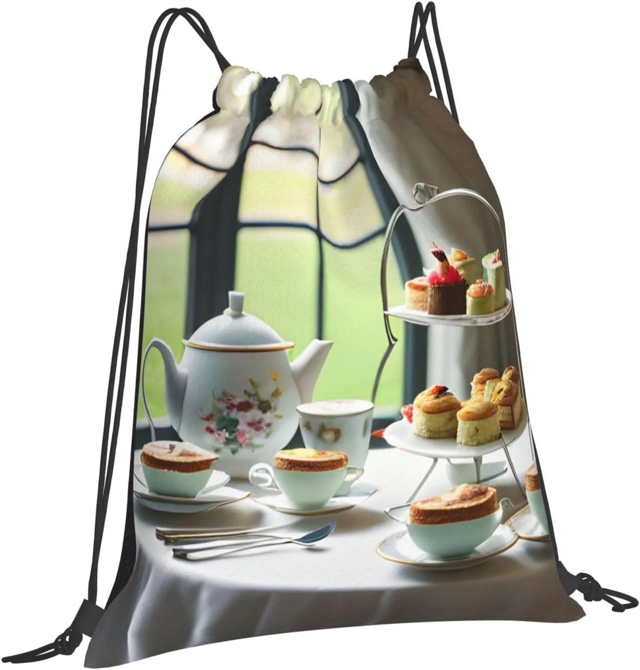 Afternoon Tea Print Sports Drawstring Backpack,Water Resistant Bag, Gym Backpack for Women Men