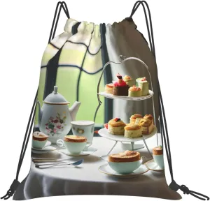 Afternoon Tea Print Sports Drawstring Backpack,Water Resistant Bag, Gym Backpack for Women Men