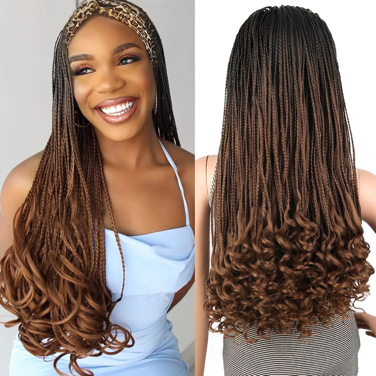 Aisaide Brown Ombre Braided Wig with Curly Ends - Synthetic Heat Resistant Hair - Standard Cap Size - Adult Women's WIG