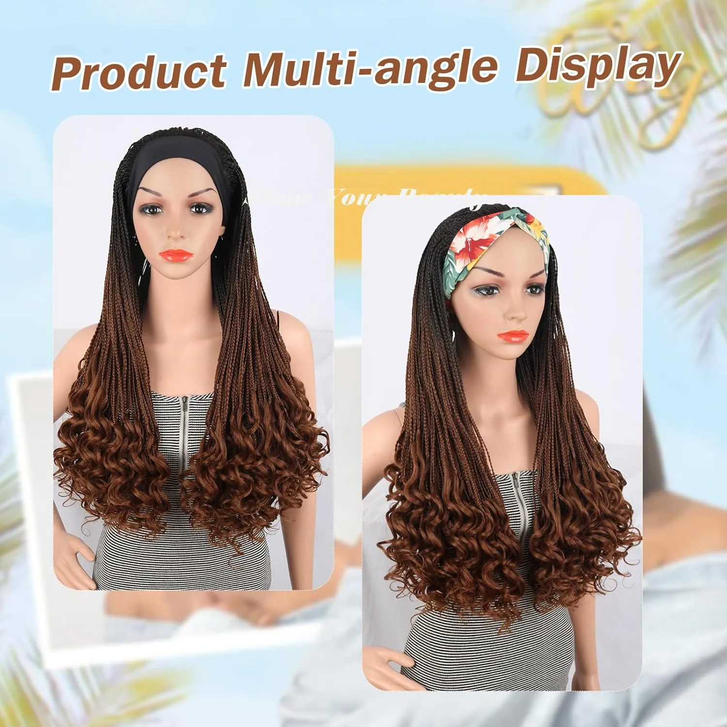 Aisaide Brown Ombre Braided Wig with Curly Ends - Synthetic Heat Resistant Hair - Standard Cap Size - Adult Women's WIG