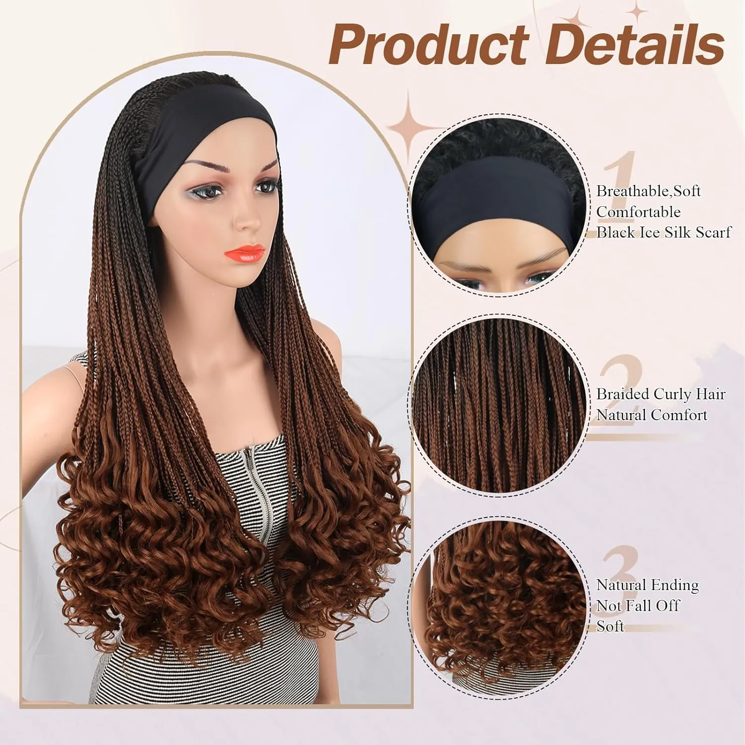 Aisaide Brown Ombre Braided Wig with Curly Ends - Synthetic Heat Resistant Hair - Standard Cap Size - Adult Women's WIG