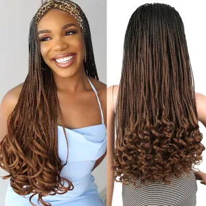 Aisaide Brown Ombre Braided Wig with Curly Ends - Synthetic Heat Resistant Hair - Standard Cap Size - Adult Women's WIG