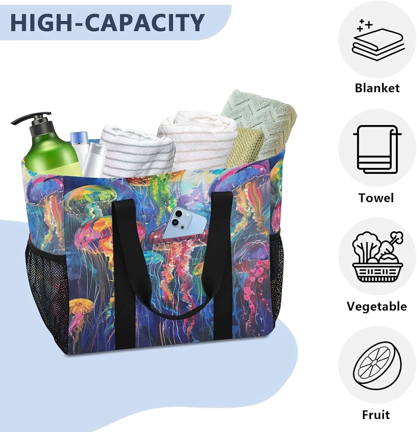 ALAZA Bright Rainbow Jellyfishes Waterproof Beach Tote Bags